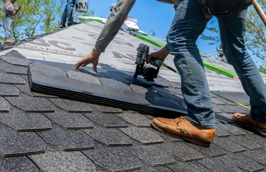 Roofing contractor installing new asphalt shingle roof